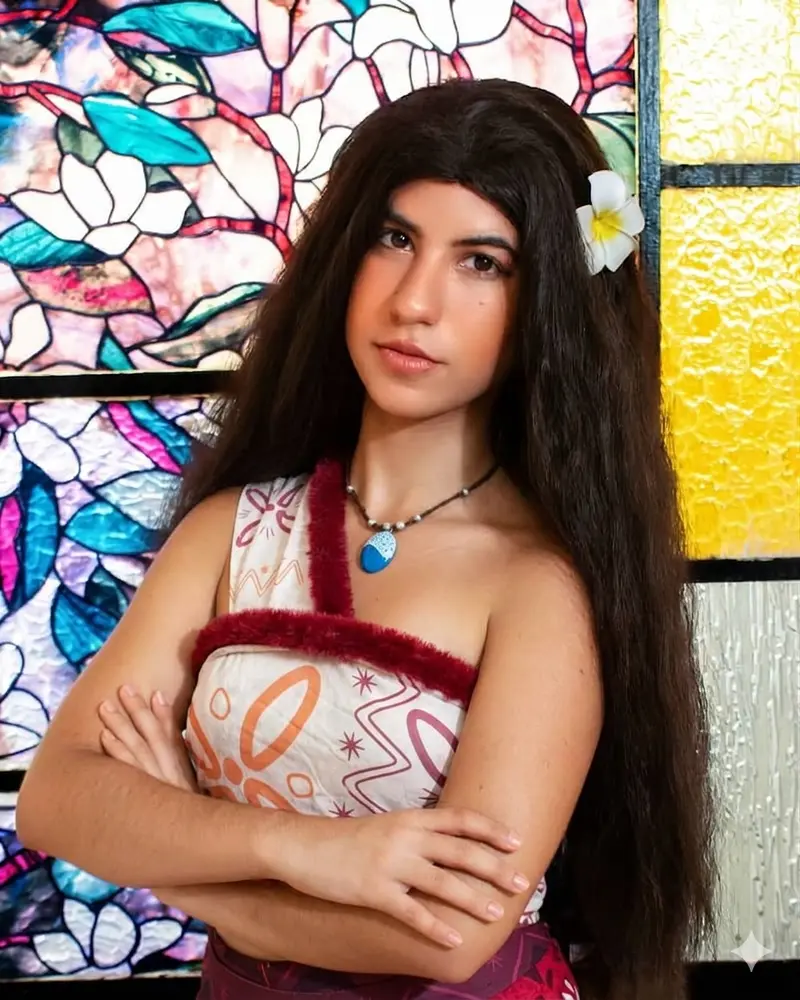 Moana con una flor en el cabello junto a una vidriera de colores